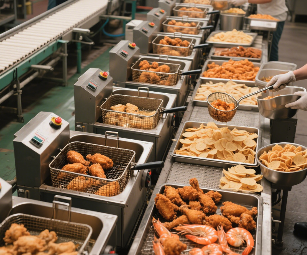 Food fried in a deep fryer الطعام مقلي في مقلاة عميقة