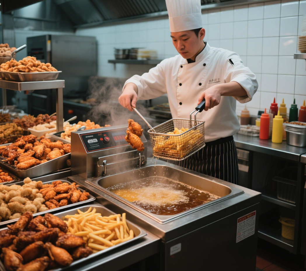 الطعام مقلي في مقلاة عميقة